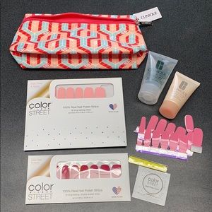 Clinique bag and items. Color street strips.